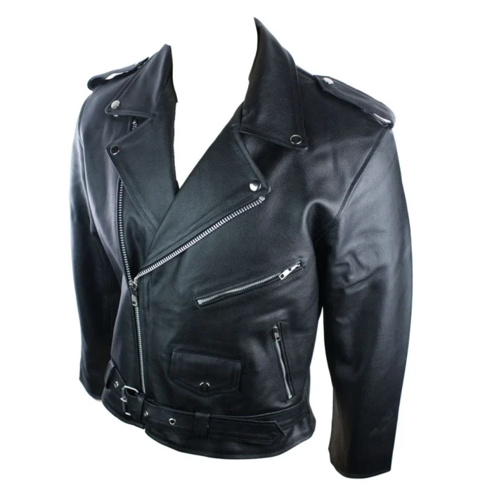 Mens 100% Real Leather Brando Style Classic Retro Biker Jacket Black - Image 3