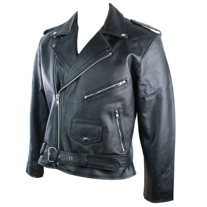 Mens 100% Real Leather Brando Style Classic Retro Biker Jacket Black - Image 2