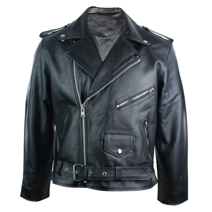 Mens 100% Real Leather Brando Style Classic Retro Biker Jacket Black - Image 1