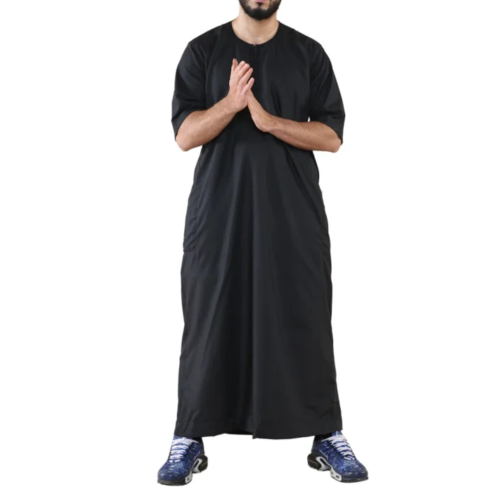 Mens Thobe Jubba Islamic Clothing Kaftan Half Sleeve Robe Moroccan Arab Zipped - Image 1
