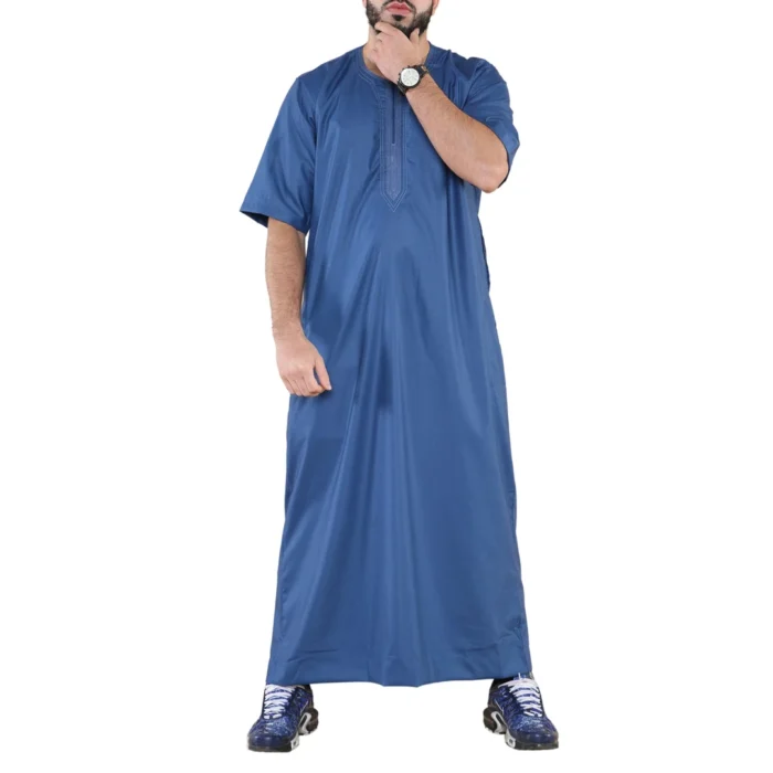 Mens Thobe Jubba Islamic Clothing Kaftan Half Sleeve Robe Moroccan Arab Zipped - Image 7