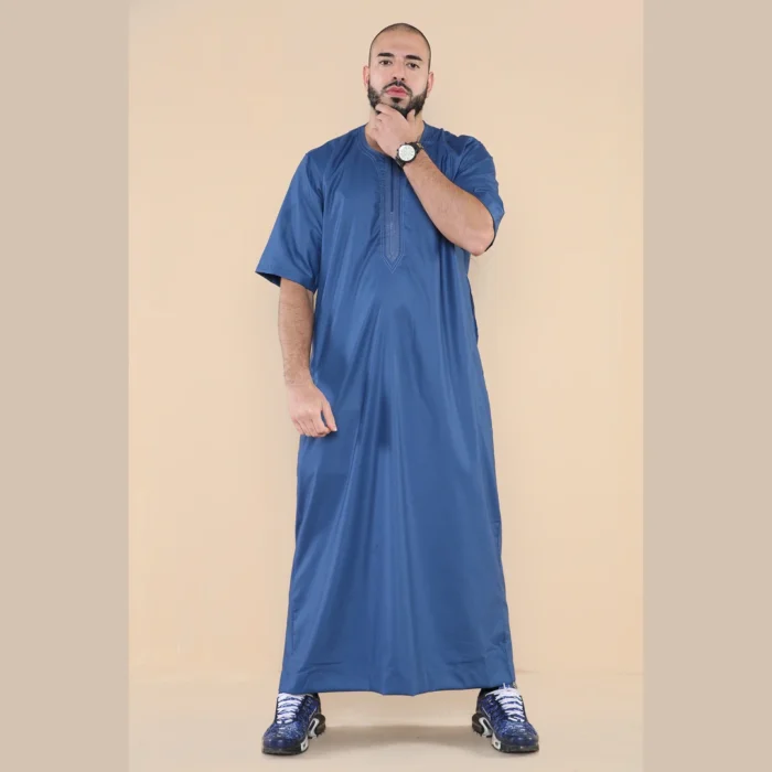 Mens Thobe Jubba Islamic Clothing Kaftan Half Sleeve Robe Moroccan Arab Zipped - Image 10