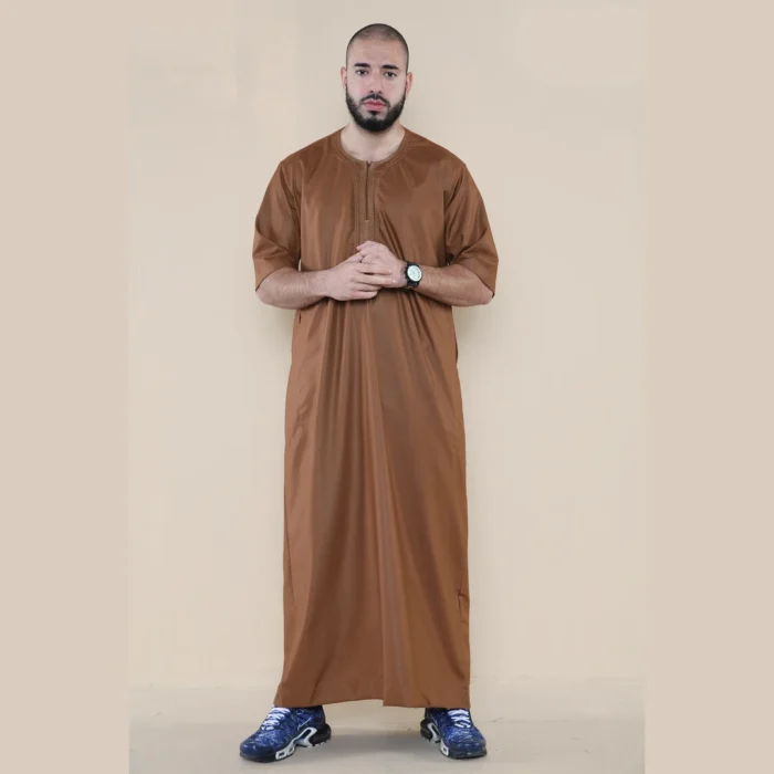 Mens Thobe Jubba Islamic Clothing Kaftan Half Sleeve Robe Moroccan Arab Zipped - Image 18