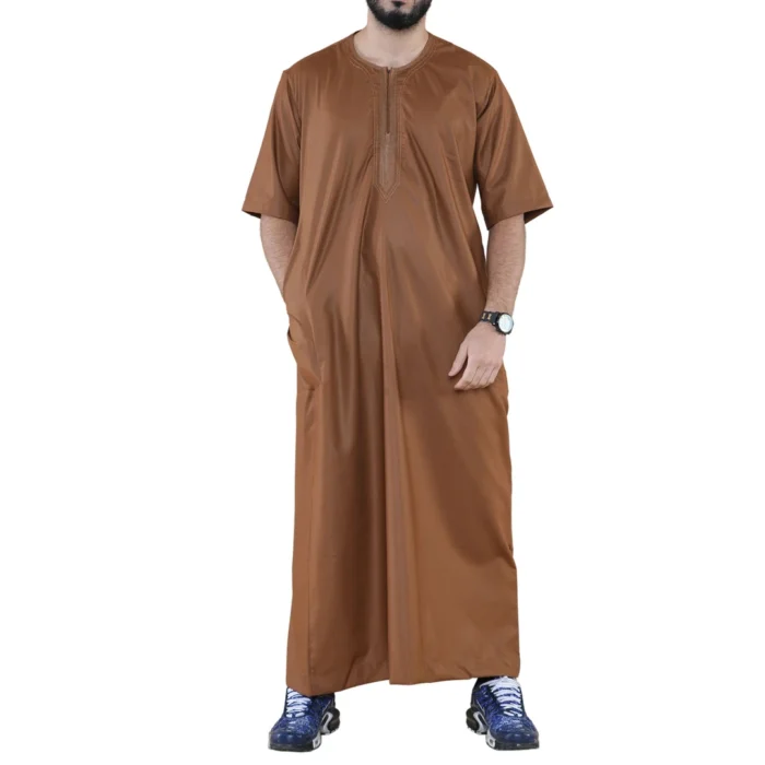 Mens Thobe Jubba Islamic Clothing Kaftan Half Sleeve Robe Moroccan Arab Zipped - Image 13