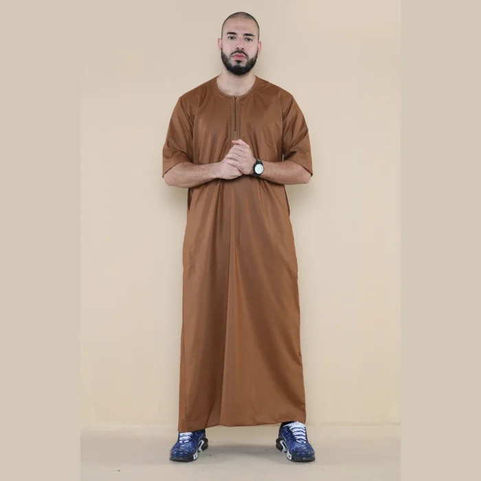 Mens Thobe Jubba Islamic Clothing Kaftan Half Sleeve Robe Moroccan Arab Zipped - Image 17