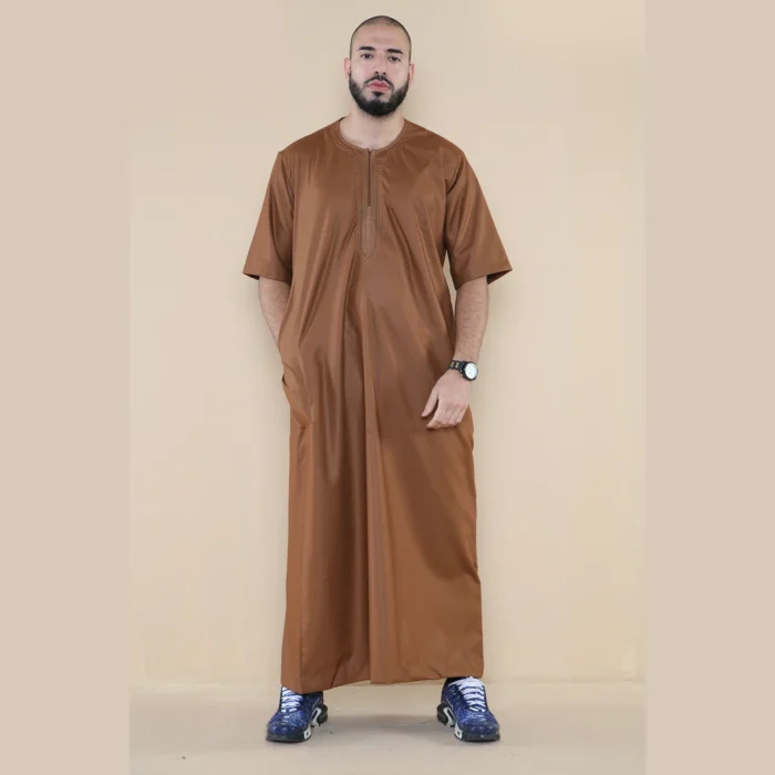 Mens Thobe Jubba Islamic Clothing Kaftan Half Sleeve Robe Moroccan Arab Zipped - Image 16