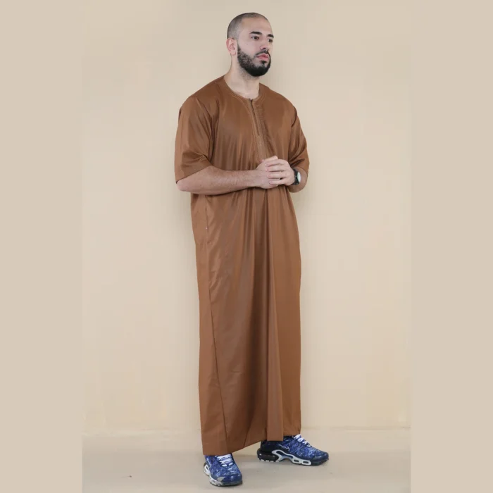 Mens Thobe Jubba Islamic Clothing Kaftan Half Sleeve Robe Moroccan Arab Zipped - Image 15