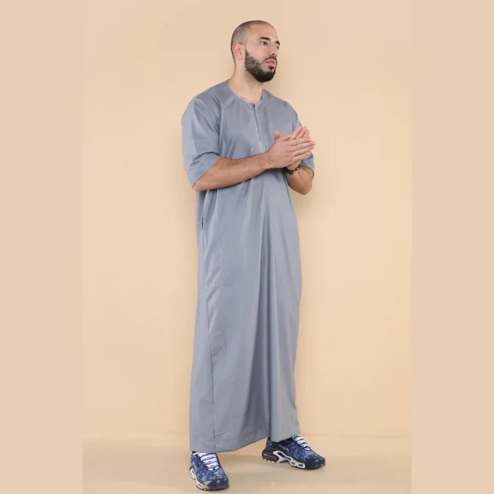 Mens Thobe Jubba Islamic Clothing Kaftan Half Sleeve Robe Moroccan Arab Zipped - Image 20