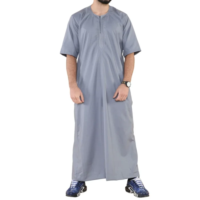 Mens Thobe Jubba Islamic Clothing Kaftan Half Sleeve Robe Moroccan Arab Zipped - Image 19