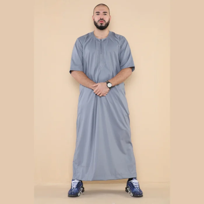 Mens Thobe Jubba Islamic Clothing Kaftan Half Sleeve Robe Moroccan Arab Zipped - Image 24