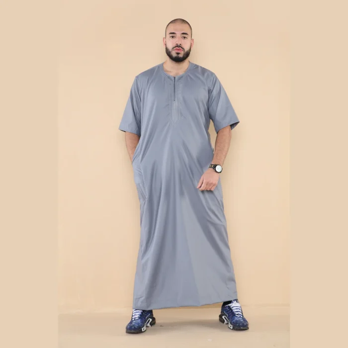 Mens Thobe Jubba Islamic Clothing Kaftan Half Sleeve Robe Moroccan Arab Zipped - Image 23