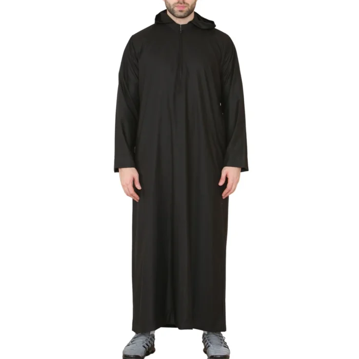 Mens Hooded Thobe Hood Jubba Nehru Stand Collar Islamic Clothing Muslim Kaftan Robe Saudi Slim Regular Fit - Image 1
