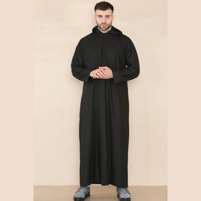 Mens Hooded Thobe Hood Jubba Nehru Stand Collar Islamic Clothing Muslim Kaftan Robe Saudi Slim Regular Fit - Image 2