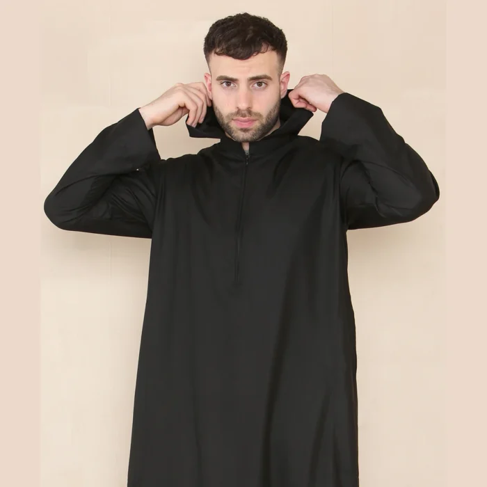 Mens Hooded Thobe Hood Jubba Nehru Stand Collar Islamic Clothing Muslim Kaftan Robe Saudi Slim Regular Fit - Image 4