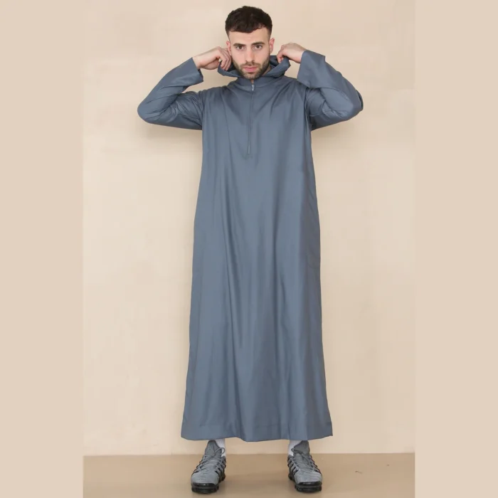 Mens Hooded Thobe Hood Jubba Nehru Stand Collar Islamic Clothing Muslim Kaftan Robe Saudi Slim Regular Fit - Image 12