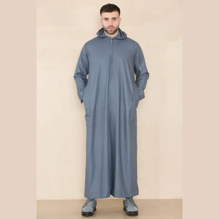 Mens Hooded Thobe Hood Jubba Nehru Stand Collar Islamic Clothing Muslim Kaftan Robe Saudi Slim Regular Fit - Image 11