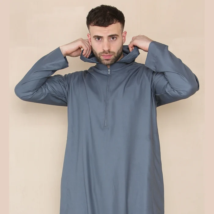 Mens Hooded Thobe Hood Jubba Nehru Stand Collar Islamic Clothing Muslim Kaftan Robe Saudi Slim Regular Fit - Image 9