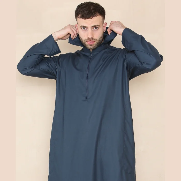 Mens Hooded Thobe Hood Jubba Nehru Stand Collar Islamic Clothing Muslim Kaftan Robe Saudi Slim Regular Fit - Image 15