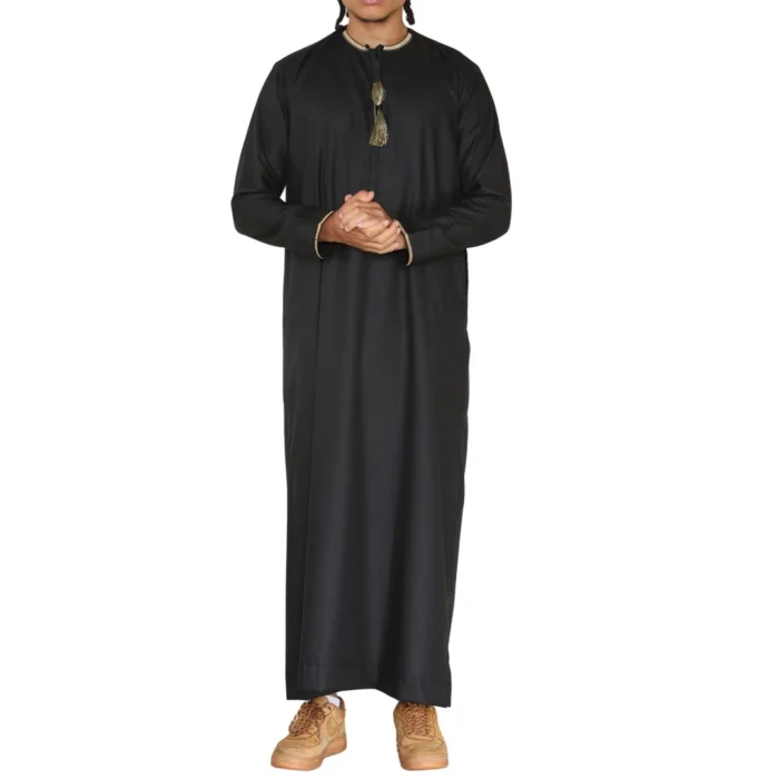Mens Emirati Omani Thobe Jubba Islamic Clothing Muslim Kaftan Eid Robe Arab String Tassel - Image 1