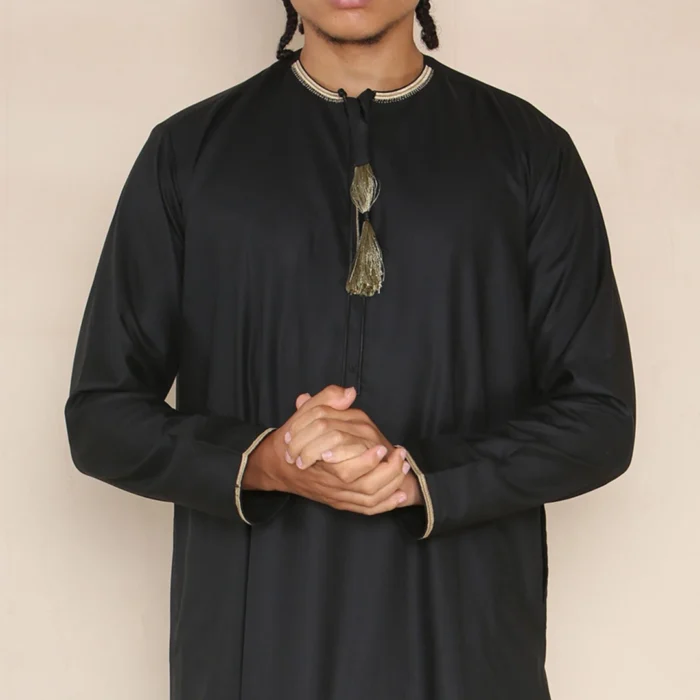 Mens Emirati Omani Thobe Jubba Islamic Clothing Muslim Kaftan Eid Robe Arab String Tassel - Image 6