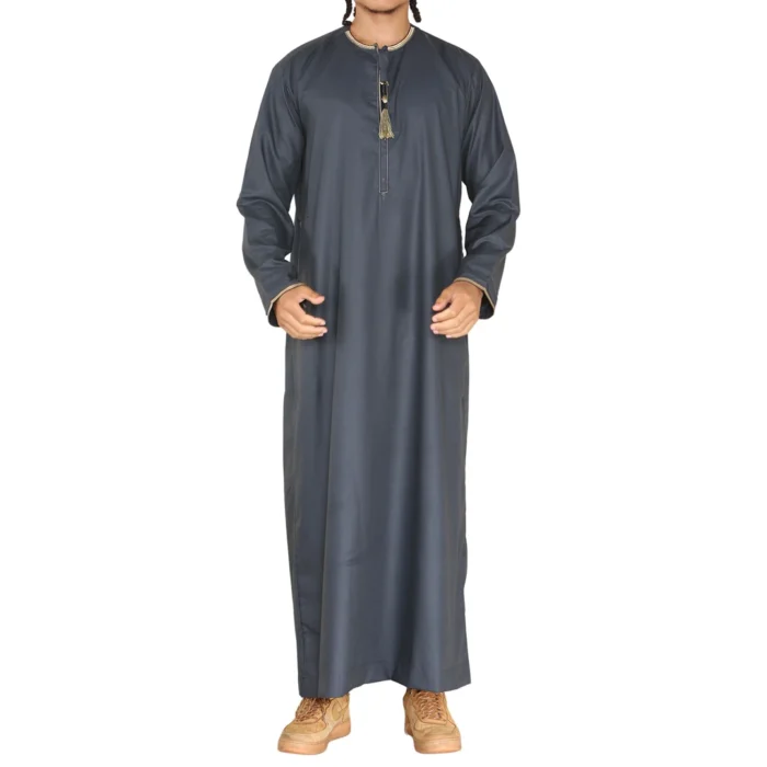 Mens Emirati Omani Thobe Jubba Islamic Clothing Muslim Kaftan Eid Robe Arab String Tassel - Image 7