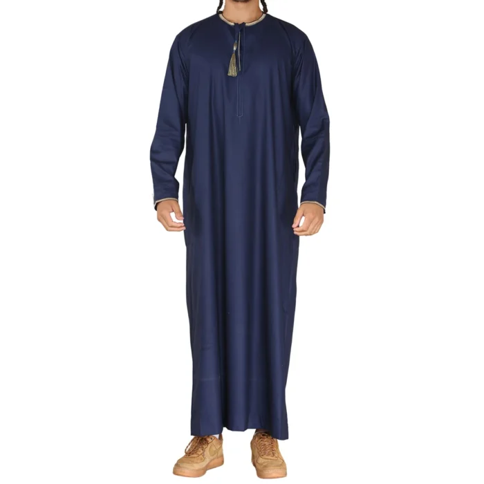 Mens Emirati Omani Thobe Jubba Islamic Clothing Muslim Kaftan Eid Robe Arab String Tassel - Image 14