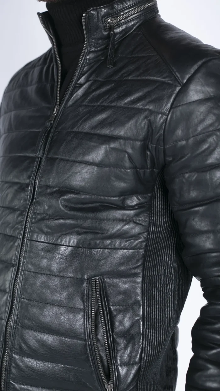 Mens Real Leather Genuine Quilted Puffer Zipped Jacket Brown Black Casual - Image 3