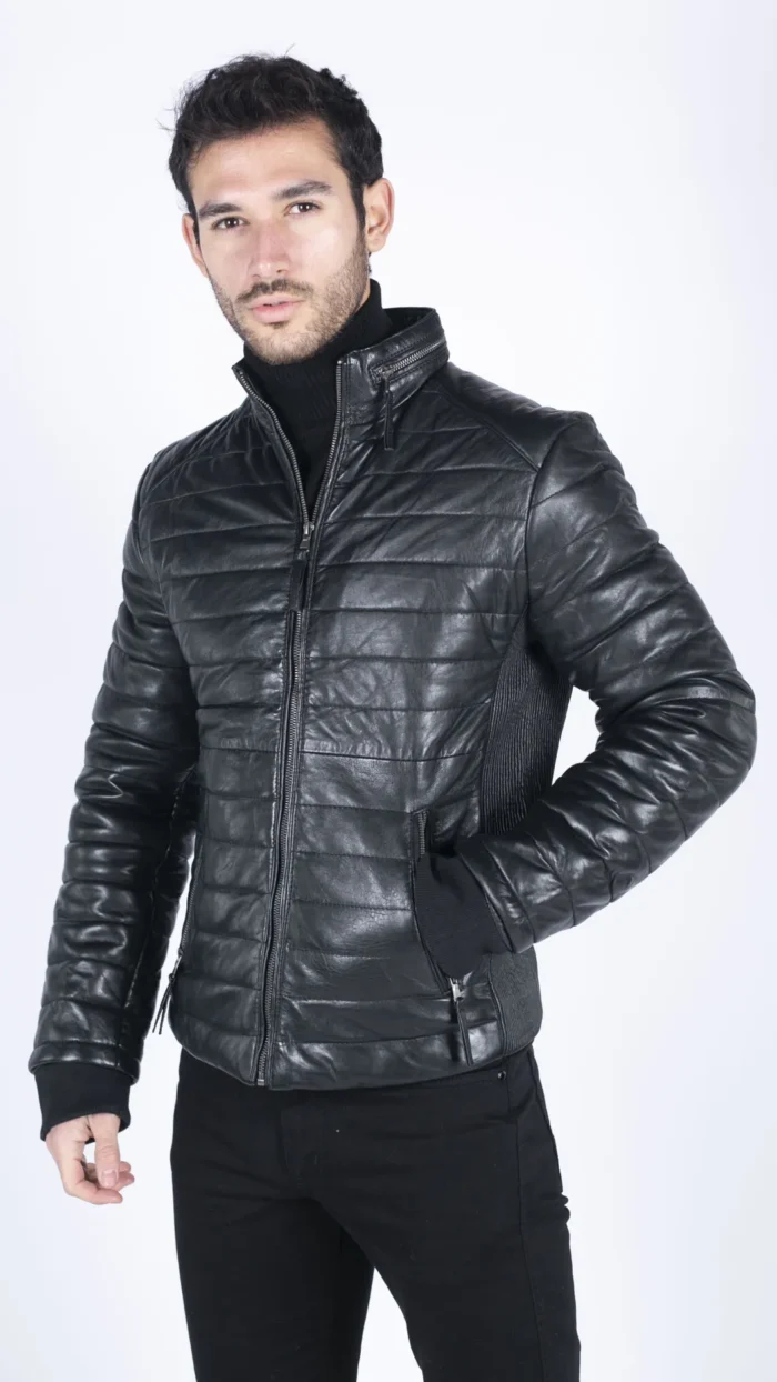 Mens Real Leather Genuine Quilted Puffer Zipped Jacket Brown Black Casual - Image 2