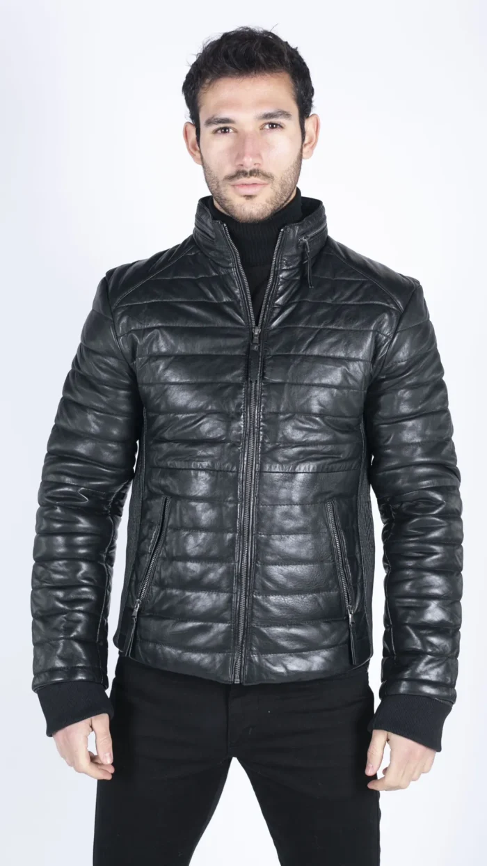 Mens Real Leather Genuine Quilted Puffer Zipped Jacket Brown Black Casual - Image 1