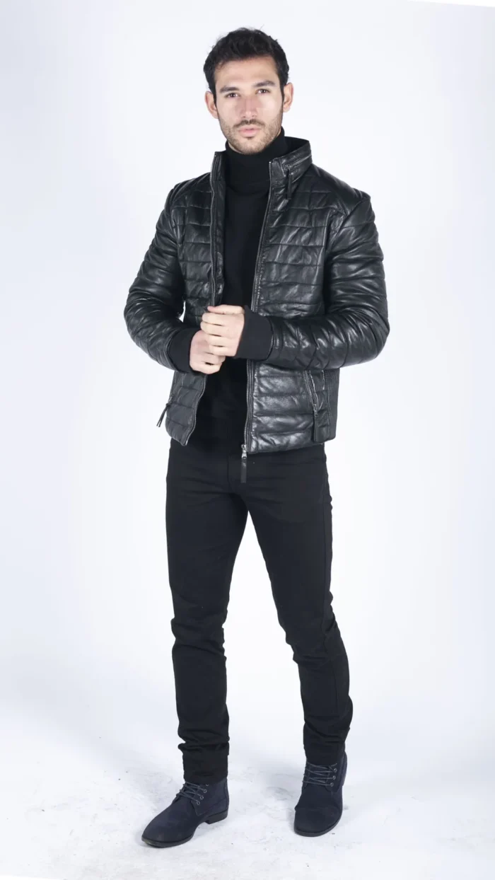 Mens Real Leather Genuine Quilted Puffer Zipped Jacket Brown Black Casual - Image 4