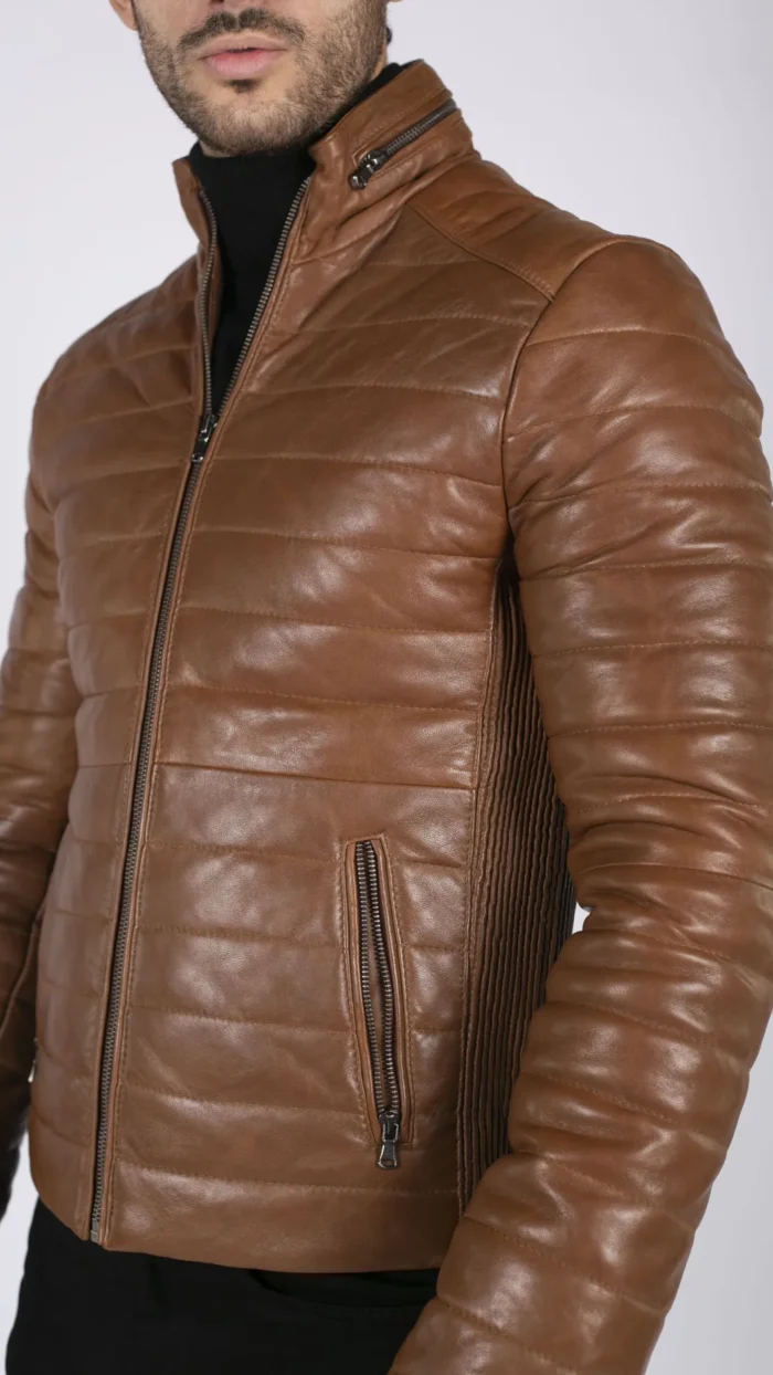Mens Real Leather Genuine Quilted Puffer Zipped Jacket Brown Black Casual - Image 10