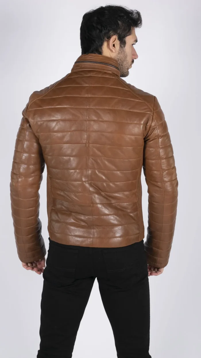 Mens Real Leather Genuine Quilted Puffer Zipped Jacket Brown Black Casual - Image 13
