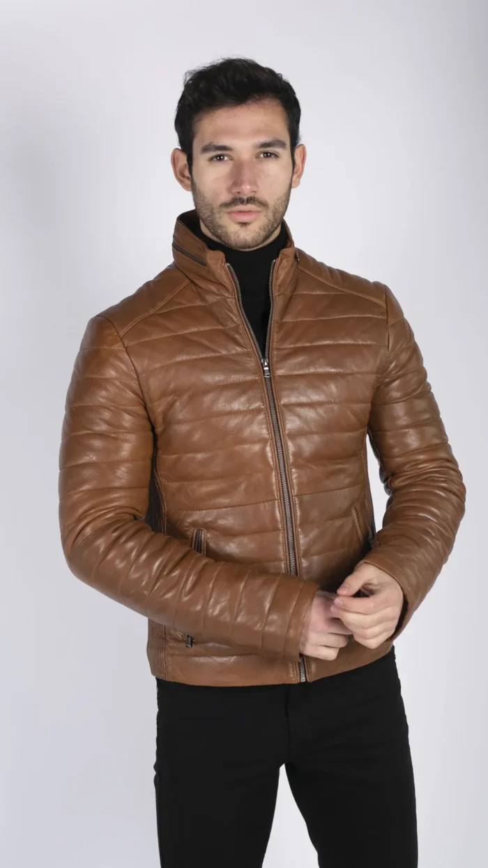 Mens Real Leather Genuine Quilted Puffer Zipped Jacket Brown Black Casual - Image 9