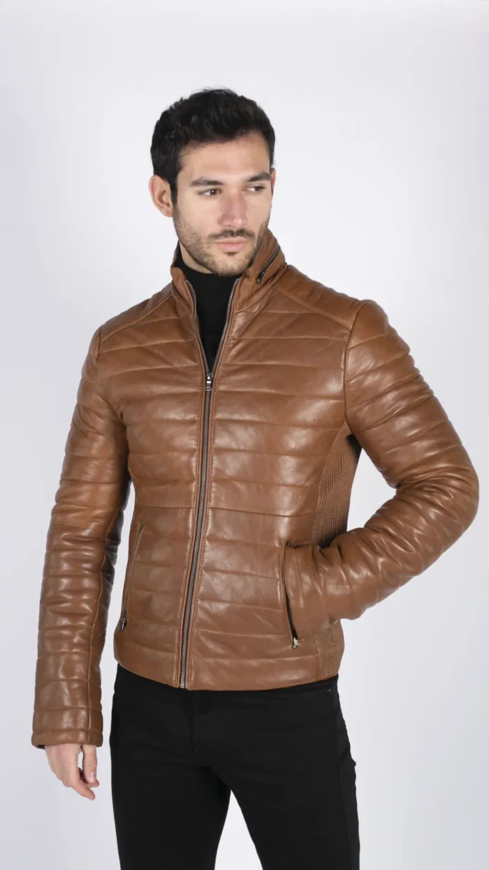 Mens Real Leather Genuine Quilted Puffer Zipped Jacket Brown Black Casual - Image 8