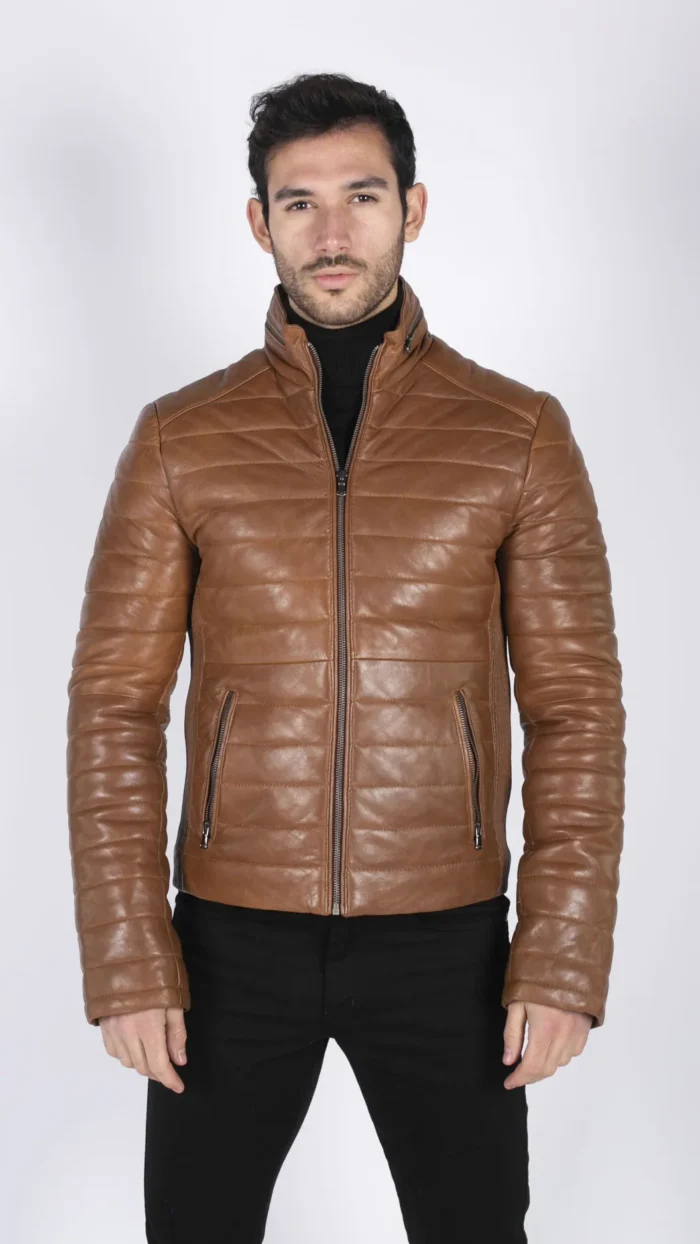 Mens Real Leather Genuine Quilted Puffer Zipped Jacket Brown Black Casual - Image 7