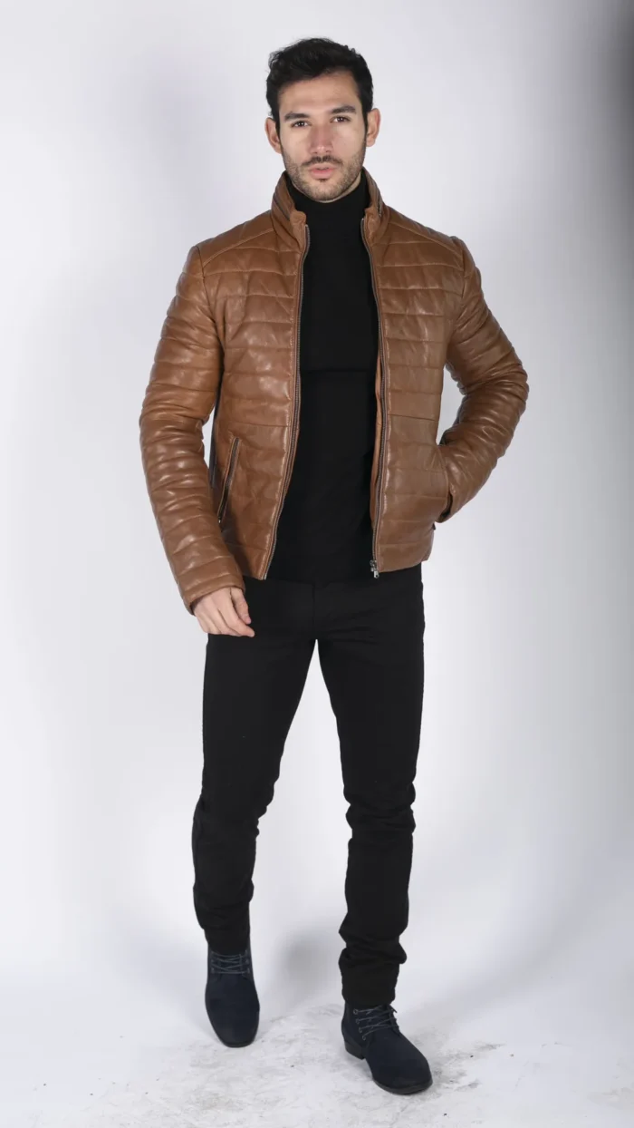Mens Real Leather Genuine Quilted Puffer Zipped Jacket Brown Black Casual - Image 11