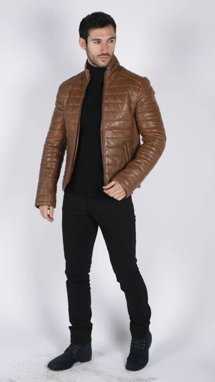 Mens Real Leather Genuine Quilted Puffer Zipped Jacket Brown Black Casual - Image 12