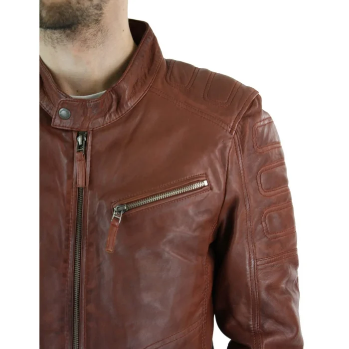Mens Tan Brown Short Biker Real Leather Jacket Vintage Tailored Fit Genuine - Image 5