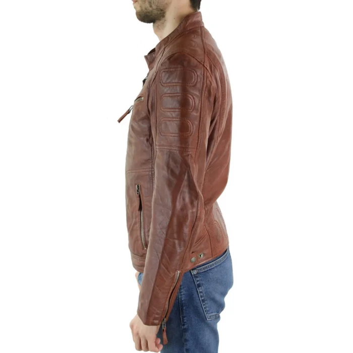 Mens Tan Brown Short Biker Real Leather Jacket Vintage Tailored Fit Genuine - Image 4