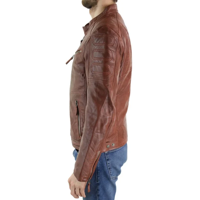 Mens Tan Brown Short Biker Real Leather Jacket Vintage Tailored Fit Genuine - Image 3