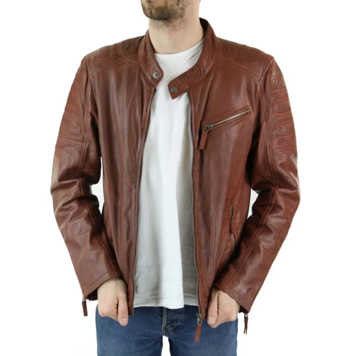 Mens Tan Brown Short Biker Real Leather Jacket Vintage Tailored Fit Genuine - Image 2