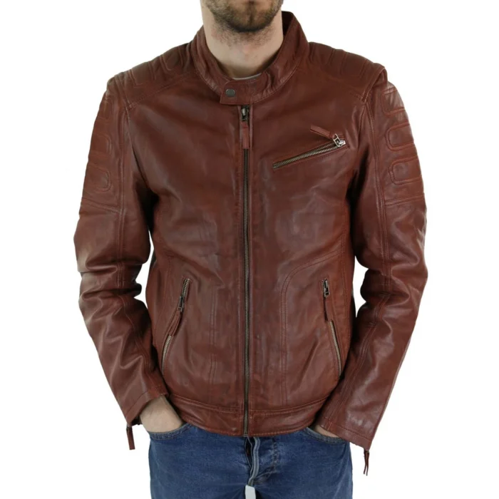Mens Tan Brown Short Biker Real Leather Jacket Vintage Tailored Fit Genuine - Image 1