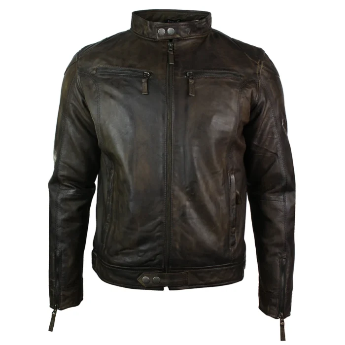 Mens Real Leather Jacket Biker Style Vintage Burgandy Wine Zip Pockets Casual Retro - Image 1