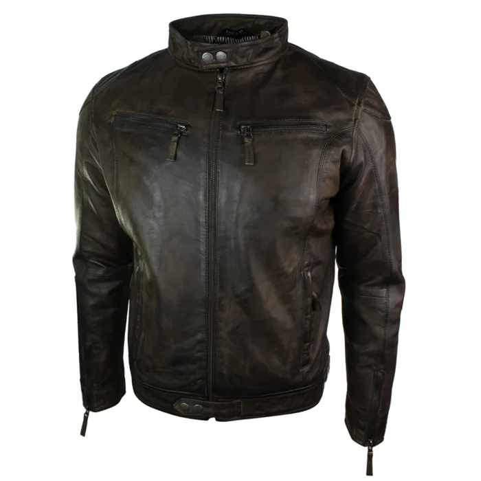 Mens Real Leather Jacket Biker Style Vintage Burgandy Wine Zip Pockets Casual Retro - Image 2