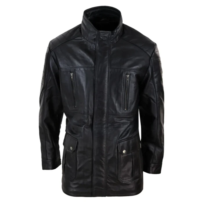 Mens 3/4 Real Leather Jacket Safari Black Brown Zipped Winter Shooting - Image 1