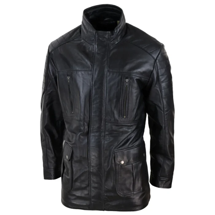 Mens 3/4 Real Leather Jacket Safari Black Brown Zipped Winter Shooting - Image 2