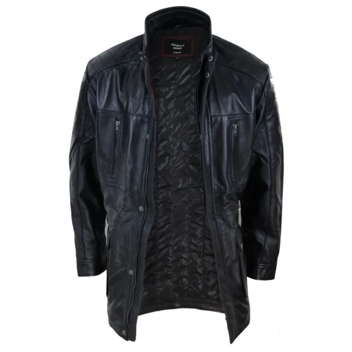 Mens 3/4 Real Leather Jacket Safari Black Brown Zipped Winter Shooting - Image 4