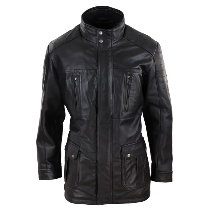 Mens 3/4 Real Leather Jacket Safari Black Brown Zipped Winter Shooting - Image 6