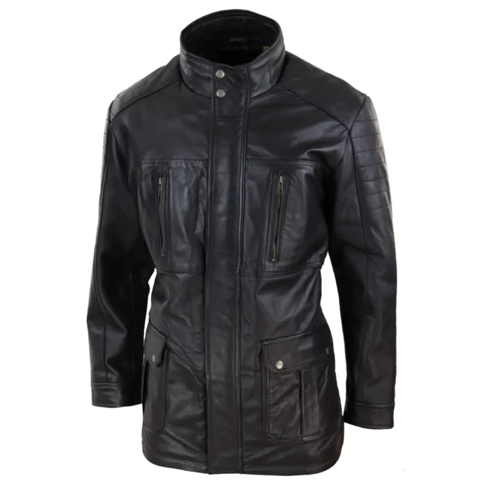 Mens 3/4 Real Leather Jacket Safari Black Brown Zipped Winter Shooting - Image 7