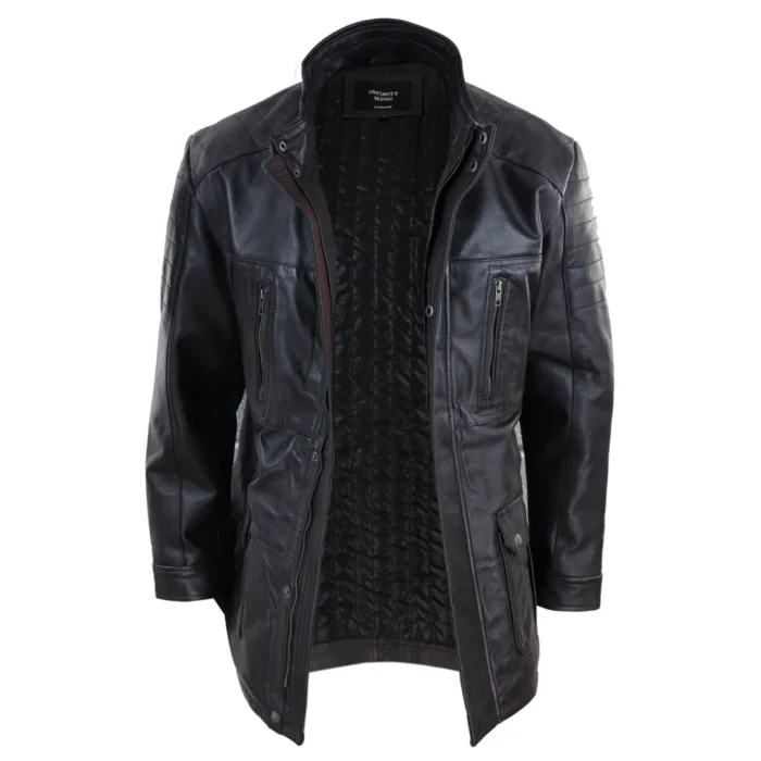 Mens 3/4 Real Leather Jacket Safari Black Brown Zipped Winter Shooting - Image 9